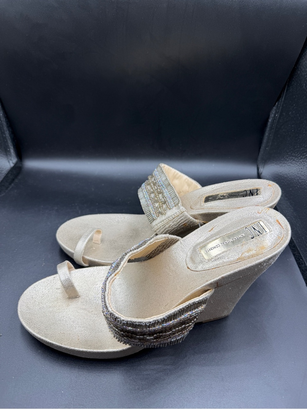 INC International Concepts Gold Beaded Wedge Sandals with Toe Loop